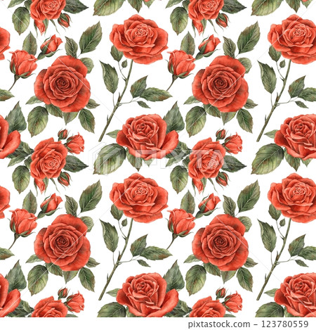 Red bright realistic roses with buds and leaves, open envelope and sealed envelope with wax seal. Watercolor hand-drawn frame, suitable for decorating holidays Valentine's Day, weddings, birthdays 123780559