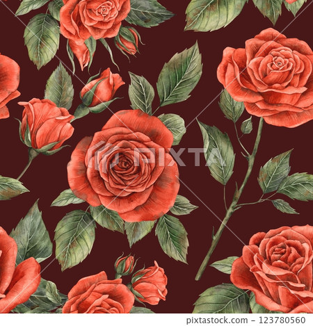 Red bright realistic roses with buds and leaves, open envelope and sealed envelope with wax seal. Watercolor hand-drawn frame, suitable for decorating holidays Valentine's Day, weddings, birthdays 123780560
