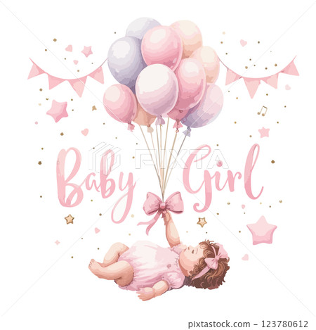 Cute baby shower watercolor invitation card. Its a girl, Its a boy card with pink and blue balloon. 123780612
