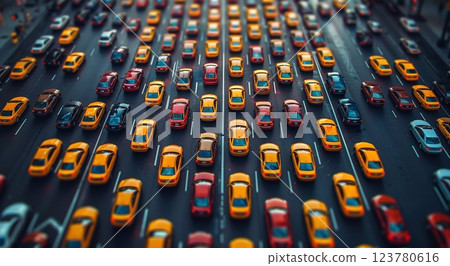 Top view of traffic jam during rush hour in large city on summer evening.Macro.AI Generative. 123780616