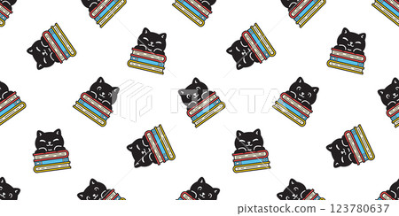 cat seamless pattern reading book black kitten calico cartoon doodle pet gift wrapping paper tile background repeat wallpaper illustration 123780637