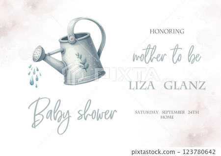 Baby shower watercolor card with a watering can. Watercolor baby shower. 123780642