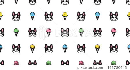 dog seamless pattern french bulldog ice cream cone puppy cartoon doodle pet tile background repeat wallpaper gift wrapping paper illustration 123780643