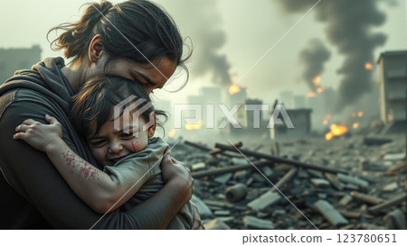 A homeless woman is on the street, her child beside her. Victims of war, the devastating impact of war on innocent lives. Generative AI. 123780651