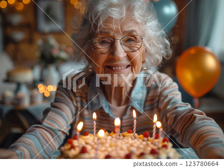 Happy senior lady celebrating birthday with cake and baloons.Macro.AI Generative. 123780664