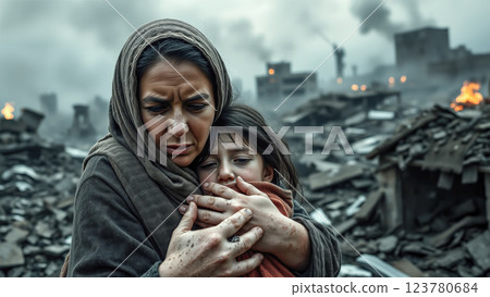 A homeless woman is on the street, her child beside her. Victims of war, the devastating impact of war on innocent lives. Generative AI. 123780684