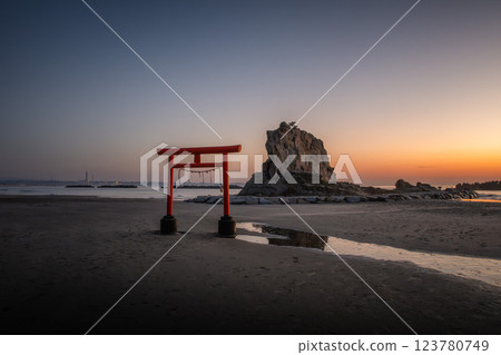 Coastal torii gate and impressive rock formations at sunrise Coastal torii gate and impressive rock formations at sunrise 123780749