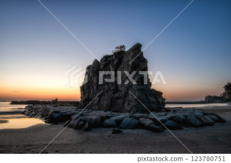 Coastal torii gate and impressive rock formations at sunrise Coastal torii gate and impressive rock formations at sunrise 123780751
