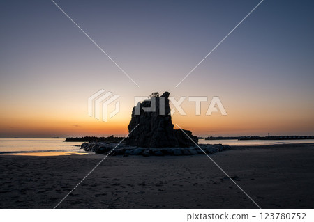 Coastal torii gate and impressive rock formations at sunrise 123780752