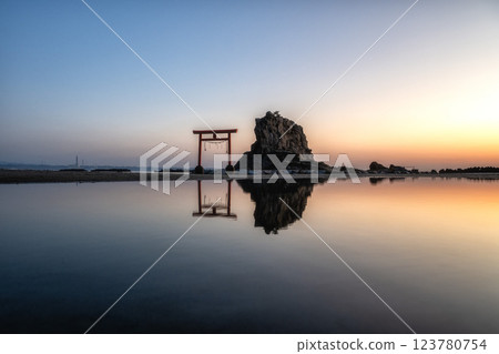 Coastal torii gate and impressive rock formations at sunrise 123780754