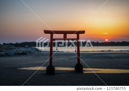 Coastal torii gate and impressive rock formations at sunrise 123780755