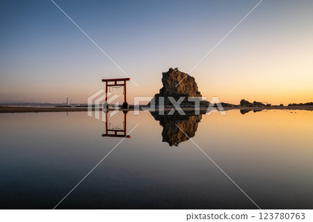 Coastal torii gate and impressive rock formations at sunrise 123780763