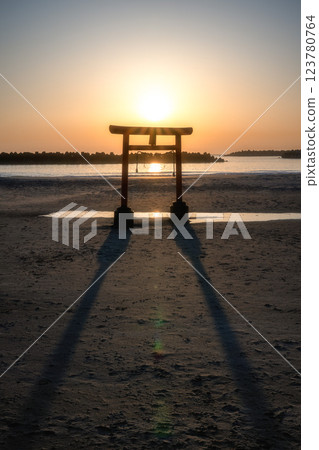 Coastal torii gate and impressive rock formations at sunrise 123780764