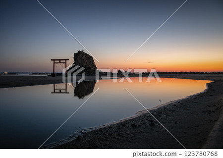 Coastal torii gate and impressive rock formations at sunrise 123780768