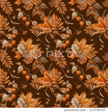 Seamless pattern of autumn maple leaves,physalis,mountain ash with oak leaves and a bunch of rowan berries.Watercolor seamless pattern on brown background 123780787