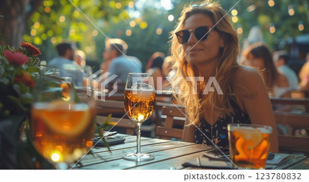 Happy young woman having a drink with friend after long day in office.Macro.AI Generative. Happy young woman having a drink with friend after long day in office.Macro.AI Generative. 123780832
