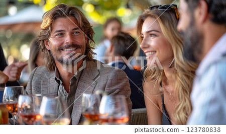 Happy people gathering together after working day in local restaurant having drink.AI Generative. 123780838