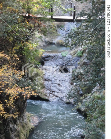 The mountain stream flowing from Shimoshiro Falls and Nabekama Falls in Shimoshiro, Oguni-machi, Aso-gun, Kumamoto Prefecture 123780843