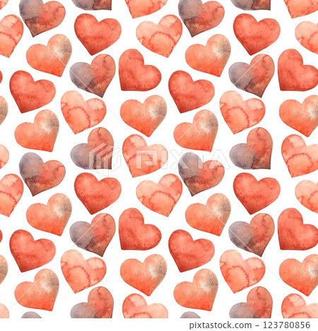 Red and pink watercolor hearts. Seamless pattern is hand drawn on white background. Suitable for different holidays weddings, Valentine's Day, birthdays, anniversaries, for textile, packaging, cards. Red and pink watercolor hearts. Seamless pattern is hand drawn on white background. Suitable for different holidays weddings, Valentine's Day, birthdays, anniversaries, for textile, packaging, cards. 123780856