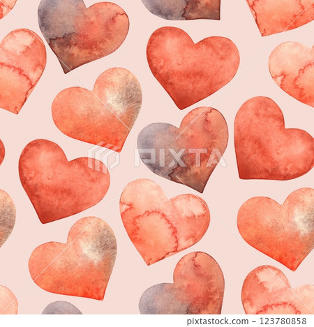 Red and pink watercolor hearts. Seamless pattern is hand drawn on a pink background. Suitable for different holidays weddings, Valentine's Day, birthdays, anniversaries, for textiles, packaging, cards 123780858