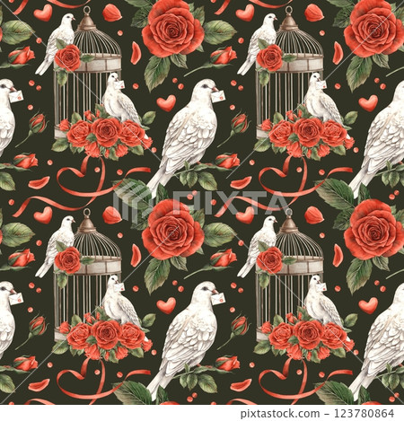 White doves, vintage cage with colorful bright roses and petals, hearts and confetti. Watercolor seamless pattern on dark background, for Valentine's Day, wedding, anniversary, invitations, cards 123780864