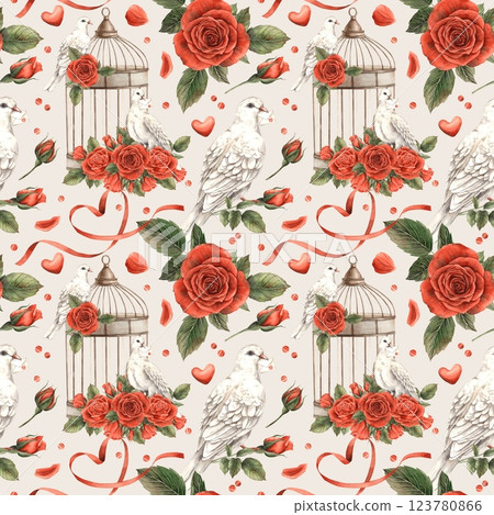 White doves, vintage cage with colorful bright roses and petals, hearts and confetti. Watercolor seamless pattern on light background, for Valentine's Day, wedding, anniversary, invitations and cards White doves, vintage cage with colorful bright roses and petals, hearts and confetti. Watercolor seamless pattern on light background, for Valentine's Day, wedding, anniversary, invitations and cards 123780866