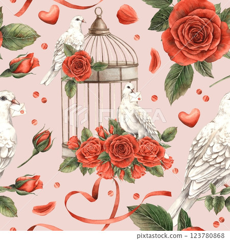 Vintage bird cage, red bright velvet roses with petals, heart and white doves of love. Watercolor seamless pattern on pink background, for Valentine's Day, wedding, anniversary, invitations and cards Vintage bird cage, red bright velvet roses with petals, heart and white doves of love. Watercolor seamless pattern on pink background, for Valentine's Day, wedding, anniversary, invitations and cards 123780868