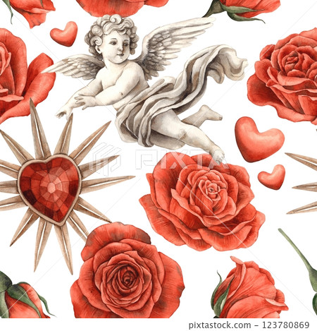 Red roses, vintage heart with a crystal and a plaster cupid-angel. Watercolor seamless pattern on a white background, for packaging design, textiles, banners for weddings, Valentine's Day, birthdays 123780869
