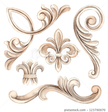 Vintage baroque border, Venetian rosettes with scroll pattern, plaster tiles. Watercolor set illustration for wedding, Valentine's Day, anniversary, birthday, cards, posters, banners 123780870