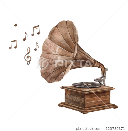 Vintage musical instrument gramophone with vinyl record player and different notes. Hand drawn watercolor illustration, suitable for Valentine's Day, wedding, anniversary, musical instrument shops 123780871