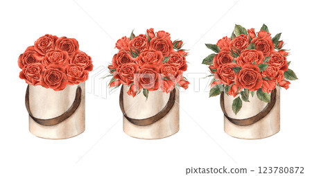 Bouquet of velvet red roses with green leaves in a round beige box and petals. Watercolor set of illustrations in vintage style, suitable for decorating flower shops, weddings, Valentine's Day, cards 123780872