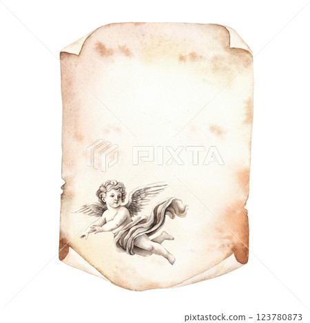 Cupid-angel of love, little angel, drawn on an old sheet of paper with torn edges. Watercolor illustration is suitable for decorating special events of weddings, Valentine's Day, anniversaries Cupid-angel of love, little angel, drawn on an old sheet of paper with torn edges. Watercolor illustration is suitable for decorating special events of weddings, Valentine's Day, anniversaries 123780873