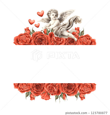 Red velvet realistic roses with vintage angel cupid symbol of love. Hand drawn watercolor border frame suitable for banners, cards, invitations, packaging, wedding, Valentine's Day, anniversary 123780877