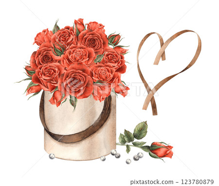 Bouquet of red roses in a box, with white pearls and summers in the shape of a heart. Watercolor illustration for banners, cards, invitations, packaging, weddings, Valentine's Day, anniversary Bouquet of red roses in a box, with white pearls and summers in the shape of a heart. Watercolor illustration for banners, cards, invitations, packaging, weddings, Valentine's Day, anniversary 123780879