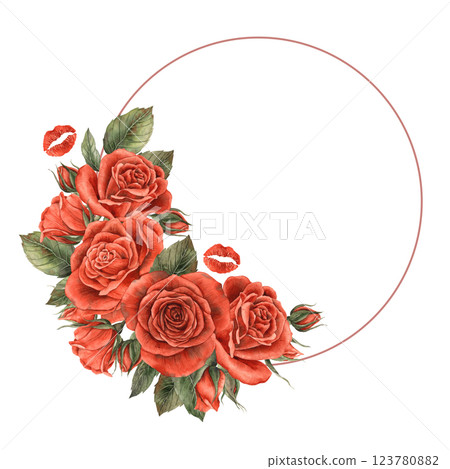 Bouquet of red scarlet velvet roses with bright passionate kisses. Watercolor round frame is suitable for decorating postcards, invitations, banners for weddings, Valentine's Day, birthdays Bouquet of red scarlet velvet roses with bright passionate kisses. Watercolor round frame is suitable for decorating postcards, invitations, banners for weddings, Valentine's Day, birthdays 123780882