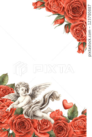 A bouquet of red roses with green leaves and an angel-cupid flying among them. Watercolor illustration for cards, invitations, banners for a wedding, Valentine's Day, birthdays and anniversaries A bouquet of red roses with green leaves and an angel-cupid flying among them. Watercolor illustration for cards, invitations, banners for a wedding, Valentine's Day, birthdays and anniversaries 123780887