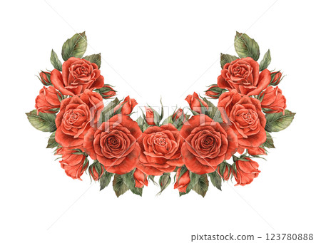 Bouquet of red scarlet velvet roses with unblown buds and green leaves. Watercolor illustration for design of cards, invitations, banners for weddings, Valentine's Day, birthdays and anniversaries Bouquet of red scarlet velvet roses with unblown buds and green leaves. Watercolor illustration for design of cards, invitations, banners for weddings, Valentine's Day, birthdays and anniversaries 123780888