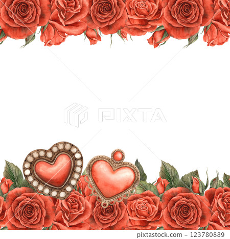 Red chic velvet roses with leaves and vintage openwork hearts medallions. Watercolor illustration - a template for cards, invitations, banners for a wedding, Valentine's Day, birthdays, anniversaries Red chic velvet roses with leaves and vintage openwork hearts medallions. Watercolor illustration - a template for cards, invitations, banners for a wedding, Valentine's Day, birthdays, anniversaries 123780889