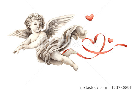 Cherub angel cupid of love made of ceramic material with a red heart and a silk ribbon. Watercolor illustration in vintage style, suitable for wedding, Valentine's Day, anniversary, cards, banner Cherub angel cupid of love made of ceramic material with a red heart and a silk ribbon. Watercolor illustration in vintage style, suitable for wedding, Valentine's Day, anniversary, cards, banner 123780891