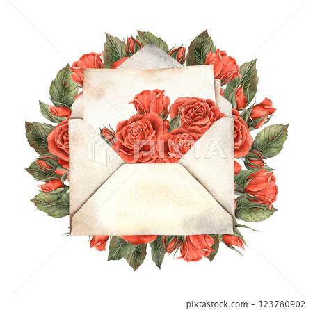 Old envelope with red velvet roses inside, this envelope surrounds a bouquet of roses and green leaves. Watercolor composition, suitable for Valentine's Day, wedding invitations, gift wrapping Old envelope with red velvet roses inside, this envelope surrounds a bouquet of roses and green leaves. Watercolor composition, suitable for Valentine's Day, wedding invitations, gift wrapping 123780902