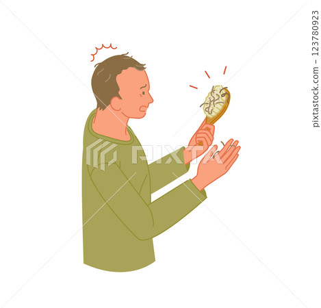 一位頭髮稀疏的年輕男子驚訝地發現他的梳子上有頭髮（脫髮） 123780923