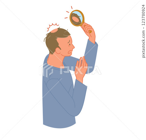 A young man with thinning hair is surprised when he sees the top of his head in the mirror A young man with thinning hair is surprised when he sees the top of his head in the mirror 123780924