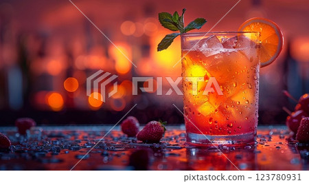 Glass of tropical cocktail with ice cubes on bar table on holiday vacation.Macro.AI Generative. 123780931