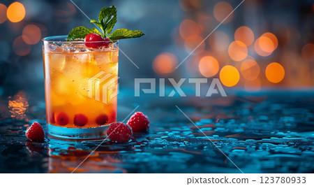 Cocktail glass with ice cubes on bar table on holiday vacation resort nightclub.Macro.AI Generative. 123780933