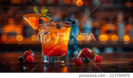Cocktail glass with ice cubes on bar table on holiday vacation resort nightclub.Macro.AI Generative. 123780970