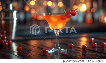 Cocktail glass with ice cubes on bar table on holiday vacation resort nightclub.Macro.AI Generative. 123780971