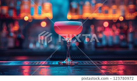Cold alcoholic pink sour cocktail on bar counter in night club.Macro.AI Generative. 123780972