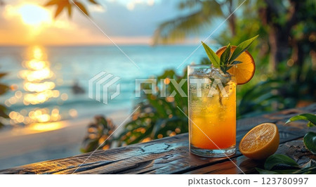 Cocktail glass with ice cubes and exotic tropical fruits on table in summer holiday.AI Generative. 123780997