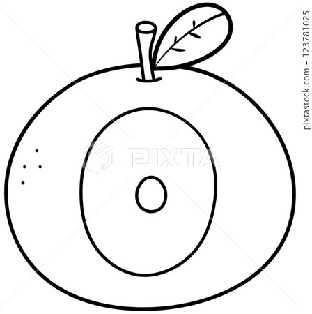 Doodle outline illustration of orange with number 0 , number 0 clipart with fruit for kids, school worksheet 123781025