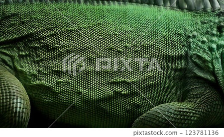 Extreme Close-Up of an Iguana Rough Skin with Spiky Ridges and Bumpy Scales in Green Tones 123781136